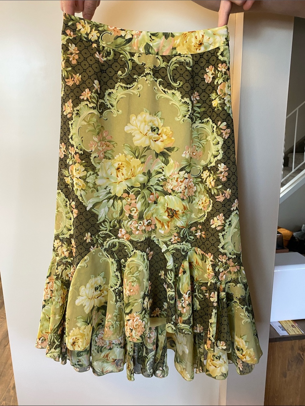 Floral Green Tiered Midi Skirt - Green